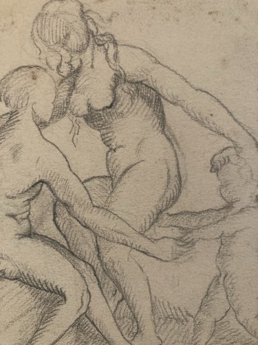 Dessin Mine De Plomb Crayon femme Putti Ange XIXe portrait Étude A Identifier