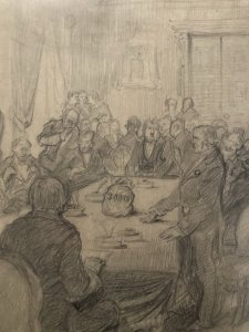 Pencil Drawing on Paper Meeting Banker to Identify Bank