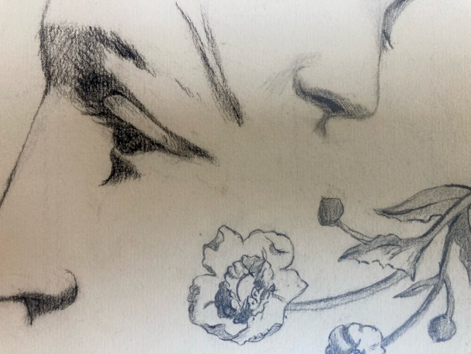 Dessin  Mine De Plomb Visage Nez Œil Bouche XIXe portrait 1880 Fleur Fleurs Art