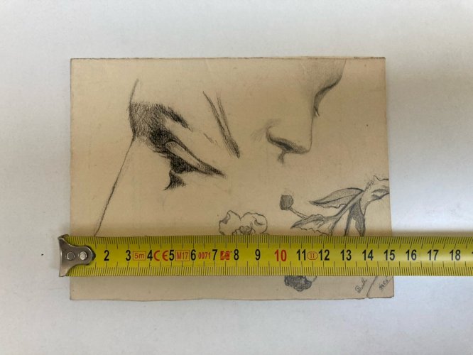 Dessin  Mine De Plomb Visage Nez Œil Bouche XIXe portrait 1880 Fleur Fleurs Art
