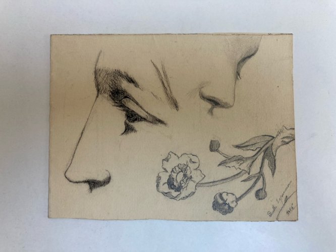 Dessin  Mine De Plomb Visage Nez Œil Bouche XIXe portrait 1880 Fleur Fleurs Art