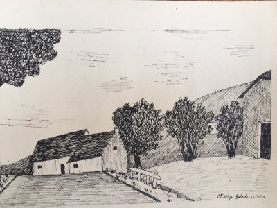 Drawing Nature House Chinese ink Around 1950 Signed