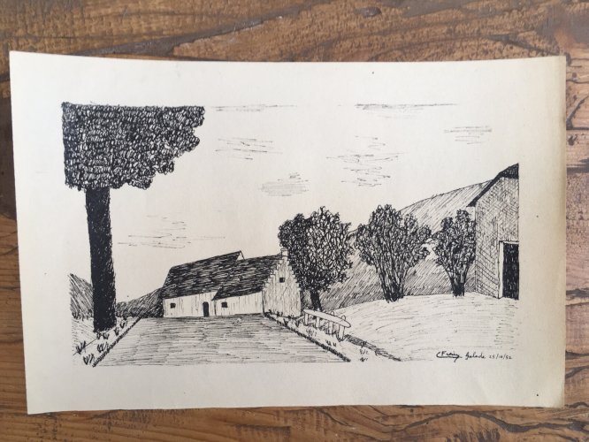 Dessin Nature Maison encre De Chine Vers 1950 Signé