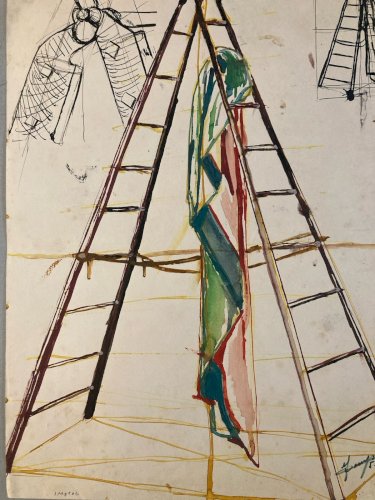 Dessin Nature Morte À L Échelle Gouache Peinture 1950 Papier Cubisme Cubiste Art