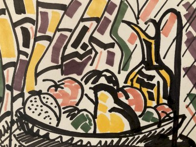 Still Life with Fruits Gouache Painting 1963 Paper Cubism Cubist Art