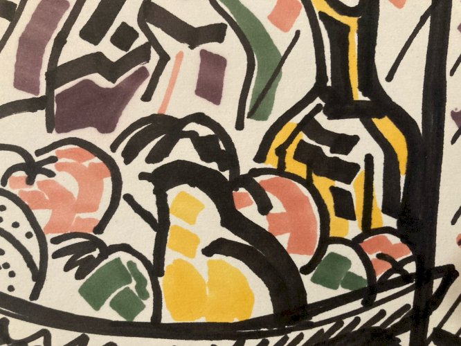 Dessin Nature Morte Aux Fruits Gouache Peinture 1963 Papier Cubisme Cubiste Art