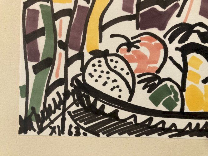 Dessin Nature Morte Aux Fruits Gouache Peinture 1963 Papier Cubisme Cubiste Art