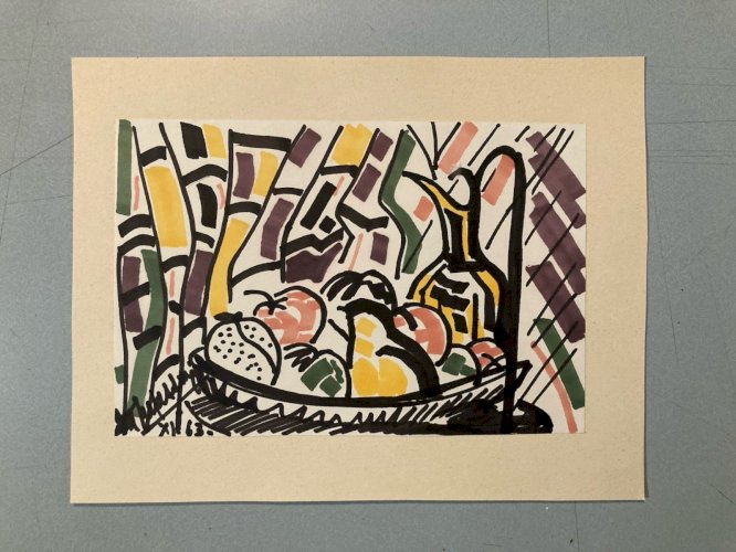 Dessin Nature Morte Aux Fruits Gouache Peinture 1963 Papier Cubisme Cubiste Art