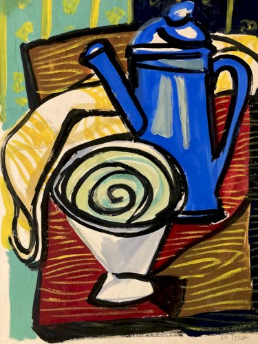 Dessin Nature Morte Gouache Peinture 1950 Papier Café Thé Surréaliste Art Signé
