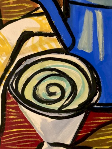 Dessin Nature Morte Gouache Peinture 1950 Papier Café Thé Surréaliste Art Signé