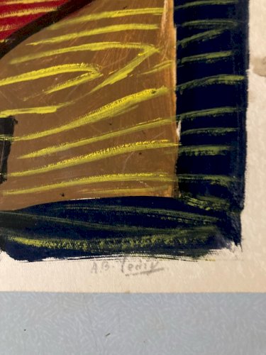 Dessin Nature Morte Gouache Peinture 1950 Papier Café Thé Surréaliste Art Signé