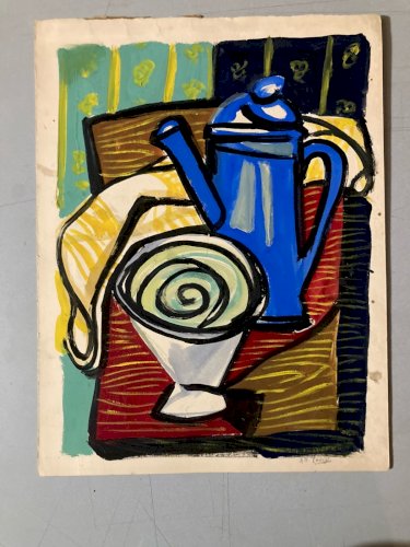 Dessin Nature Morte Gouache Peinture 1950 Papier Café Thé Surréaliste Art Signé