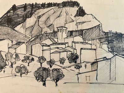 Dessin Nature Paysage Encre Drawing 1970 Papier Cubisme Cubiste Art Ancien Old
