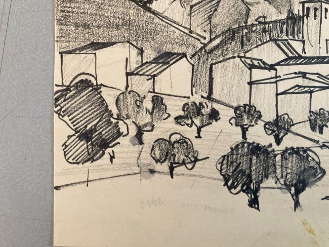 Dessin Nature Paysage Encre Drawing 1970 Papier Cubisme Cubiste Art Ancien Old