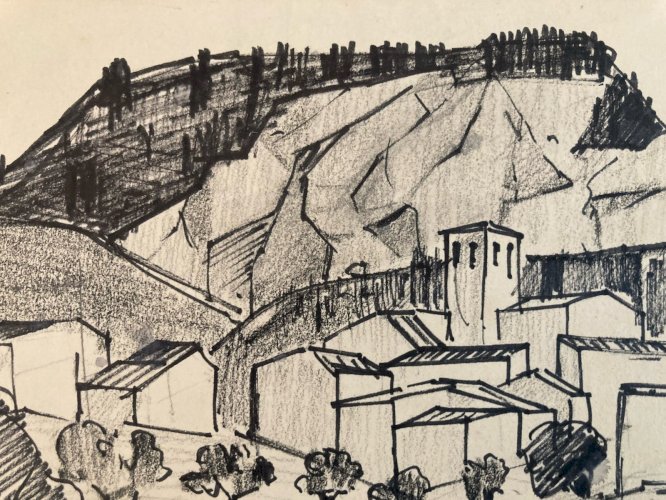 Dessin Nature Paysage Encre Drawing 1970 Papier Cubisme Cubiste Art Ancien Old