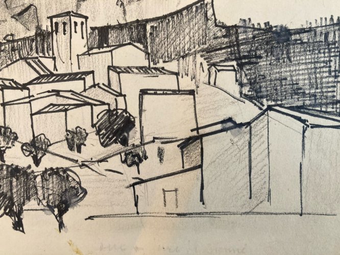 Dessin Nature Paysage Encre Drawing 1970 Papier Cubisme Cubiste Art Ancien Old