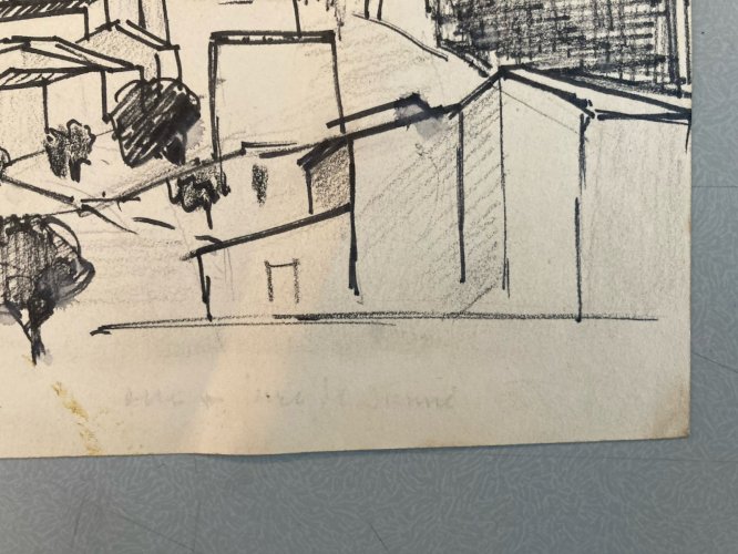 Dessin Nature Paysage Encre Drawing 1970 Papier Cubisme Cubiste Art Ancien Old