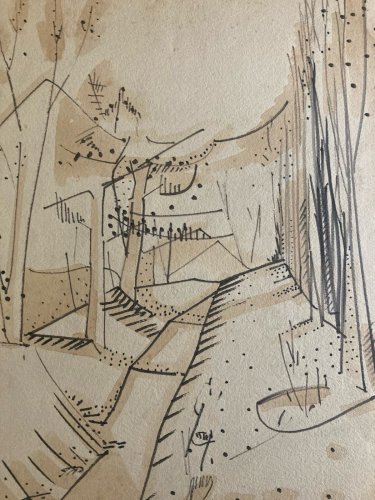 Dessin Nature Paysage Gouache Encre Peinture 1950 Papier Cubisme Cubiste Art