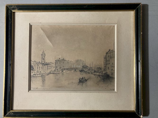 Dessin Nature Paysage Sete Canal Mer Méditerranée Encre Peinture 1950 Papier Art