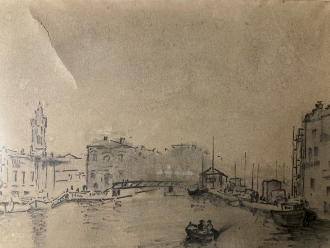 Dessin Nature Paysage Sete Canal Mer Méditerranée Encre Peinture 1950 Papier Art