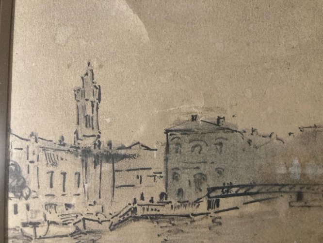 Dessin Nature Paysage Sete Canal Mer Méditerranée Encre Peinture 1950 Papier Art