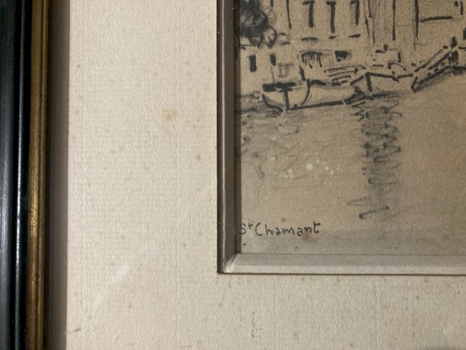 Dessin Nature Paysage Sete Canal Mer Méditerranée Encre Peinture 1950 Papier Art