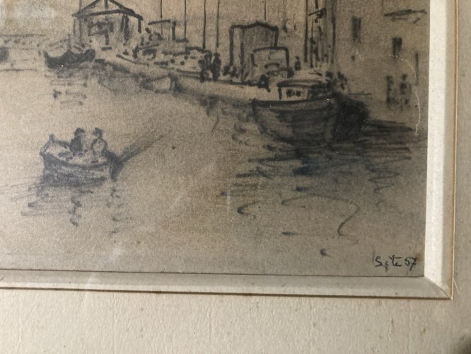 Dessin Nature Paysage Sete Canal Mer Méditerranée Encre Peinture 1950 Papier Art