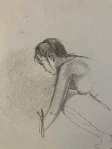 Dessin Nu Crayon Sur Papier Femme Accroupi Nue Erotique 1980 À Identifier