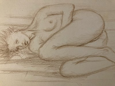 Dessin Nu Crayon Sur Papier Femme Allongée Nue Erotique 1980 Art Pied XXe