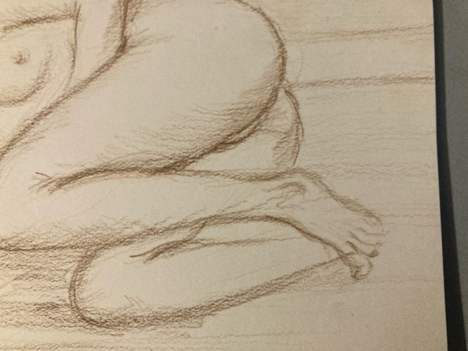 Dessin Nu Crayon Sur Papier Femme Allongée Nue Erotique 1980 Art Pied XXe