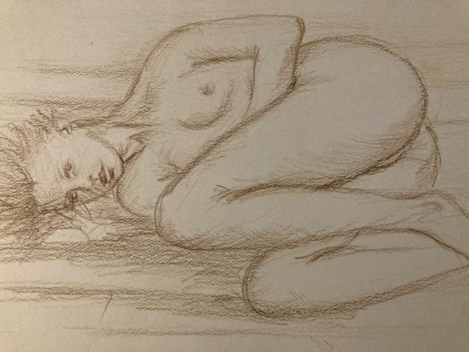 Dessin Nu Crayon Sur Papier Femme Allongée Nue Erotique 1980 Art Pied XXe