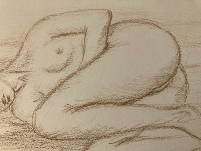 Dessin Nu Crayon Sur Papier Femme Allongée Nue Erotique 1980 Art Pied XXe