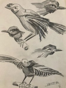 Dessin Oiseau 1950 Mine De Plomb Cubiste Cubisme Moineaux  A Identifier Art