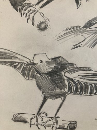 Dessin Oiseau 1950 Mine De Plomb Cubiste Cubisme Moineaux  A Identifier Art