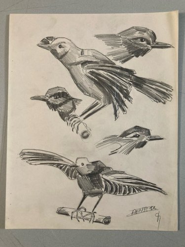 Dessin Oiseau 1950 Mine De Plomb Cubiste Cubisme Moineaux  A Identifier Art