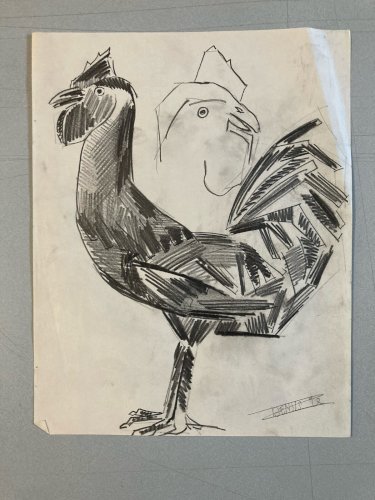 Dessin Oiseau Mine De Plomb Cubiste Cubisme Coq Poule 1950 A Identifier Art