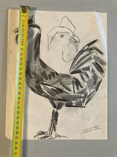 Dessin Oiseau Mine De Plomb Cubiste Cubisme Coq Poule 1950 A Identifier Art