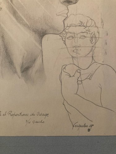 Dessin Original Crayon Portrait Tête David A L Antique 1950 Art Cubiste Ancien