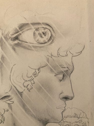 Dessin Original Crayon Portrait Tête David A L Antique 1950 Art Cubiste Ancien