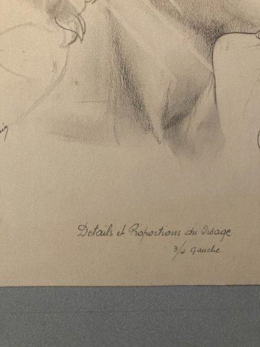 Dessin Original Crayon Portrait Tête David A L Antique 1950 Art Cubiste Ancien