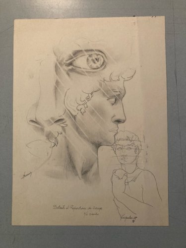 Dessin Original Crayon Portrait Tête David A L Antique 1950 Art Cubiste Ancien