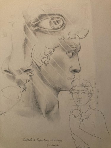 Dessin Original Crayon Portrait Tête David A L Antique 1950 Art Cubiste Ancien