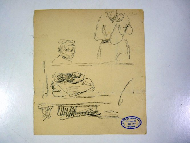 Dessin original début XX° de François GUIGUET, 1914 tampon D - 16 x 14 cm