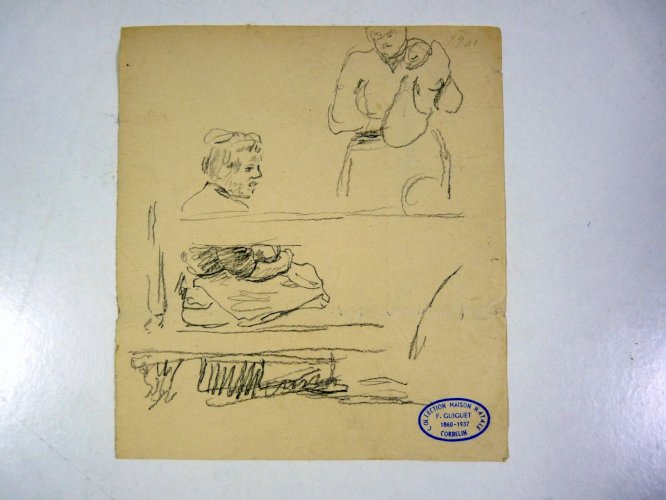 Dessin original début XX° de François GUIGUET, 1914 tampon D - 16 x 14 cm