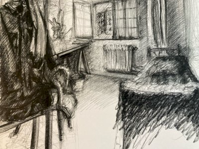 dessin Papier Crayon Sur Papier 1960 Intérieur Architecte Lit Bureau