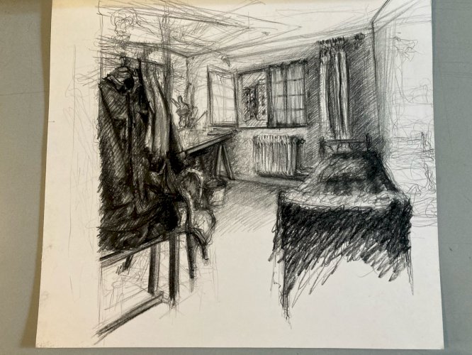 dessin Papier Crayon Sur Papier 1960 Intérieur Architecte Lit Bureau