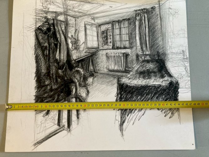 dessin Papier Crayon Sur Papier 1960 Intérieur Architecte Lit Bureau