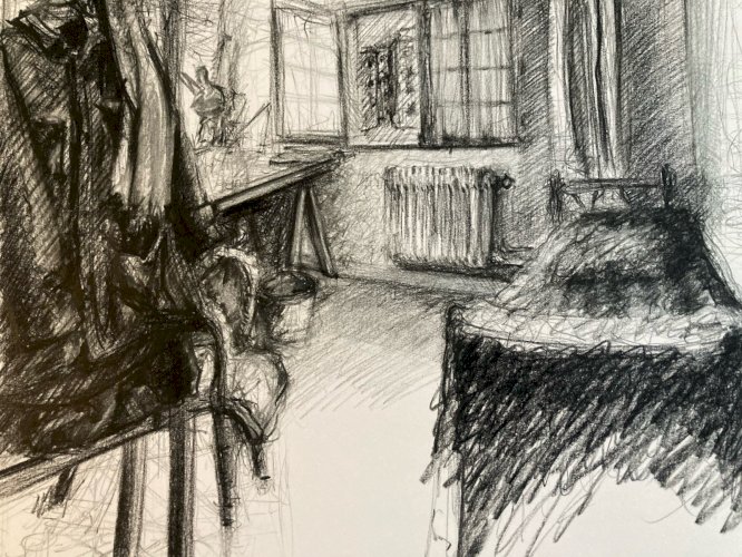 dessin Papier Crayon Sur Papier 1960 Intérieur Architecte Lit Bureau