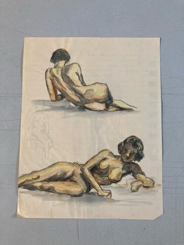 Dessin Papier Femme Nue Art Nu Gouache Aquarelle Fauve Corps 1940 Fauvisme