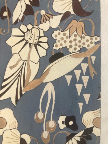Dessin Peinture 1930 Original Art Deco Abstrait Gouache Papier Ancien Fleur